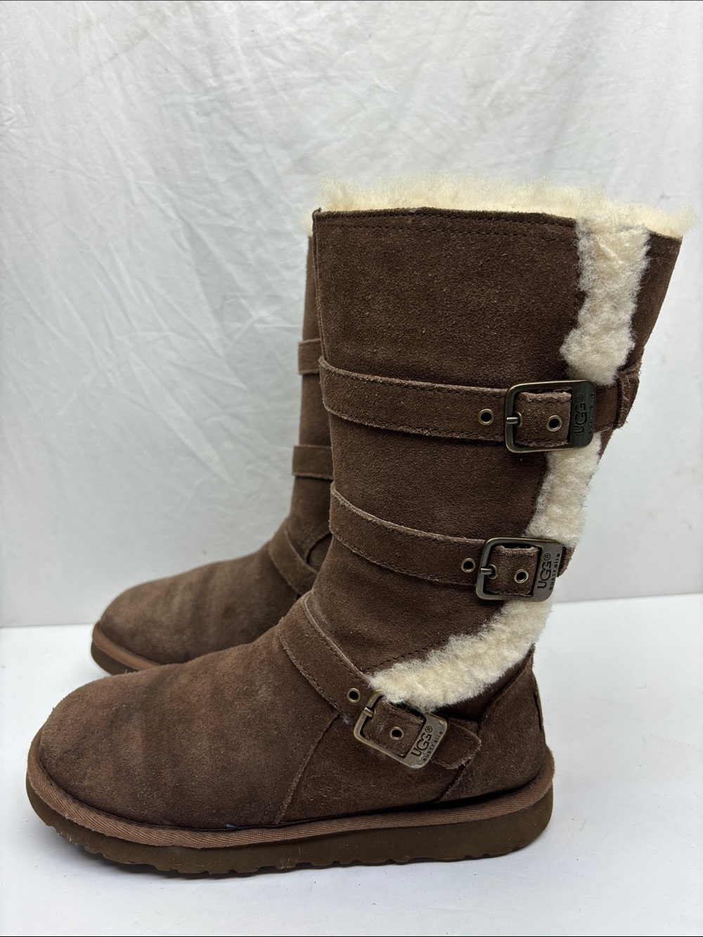UGG Brown Suede Shearling-Lined Mid-Calf Buckle Boots, SZ 4 big girl, box 60